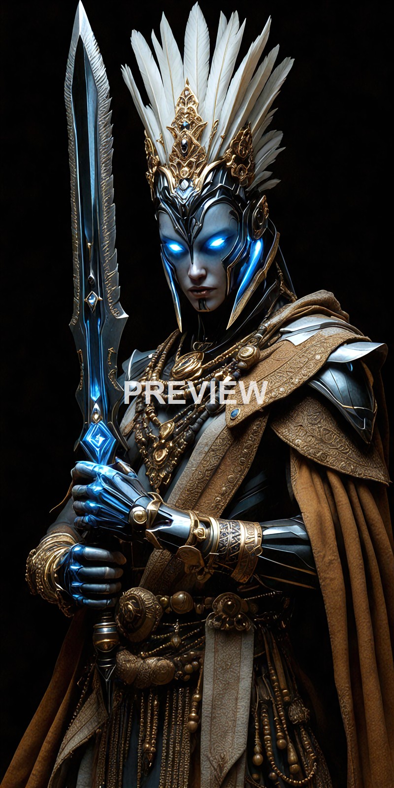 A highly detailed and futuristic female warrior wearing ornate armor with glowing blue eyes, holding a large, intricately designed sword, and adorned with gold and metallic accessories including a feathered headdress.